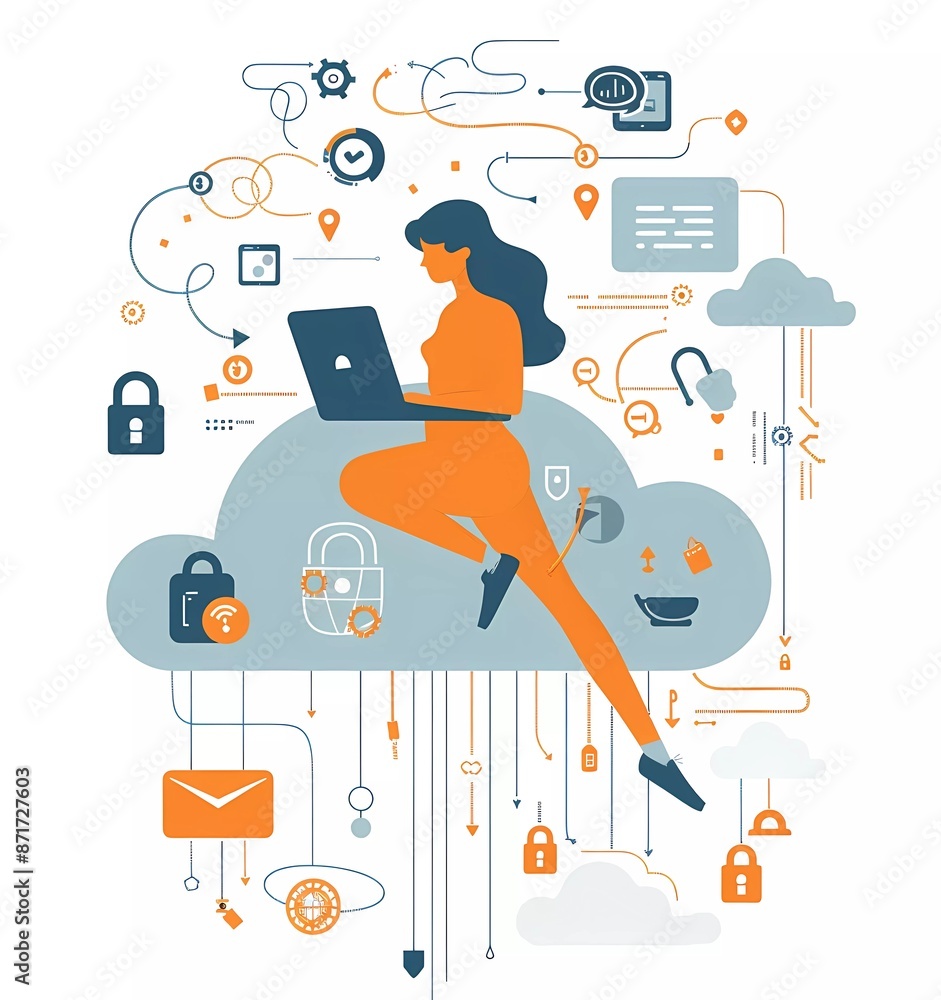 Aufkleber flat vector illustration of a woman sitting on a cloud with security icons in the style of software 