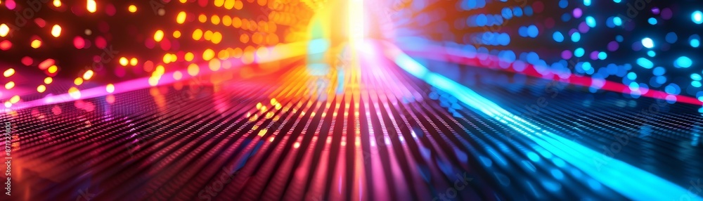 Poster abstract light lines and bokeh background with red, blue and yellow colors.