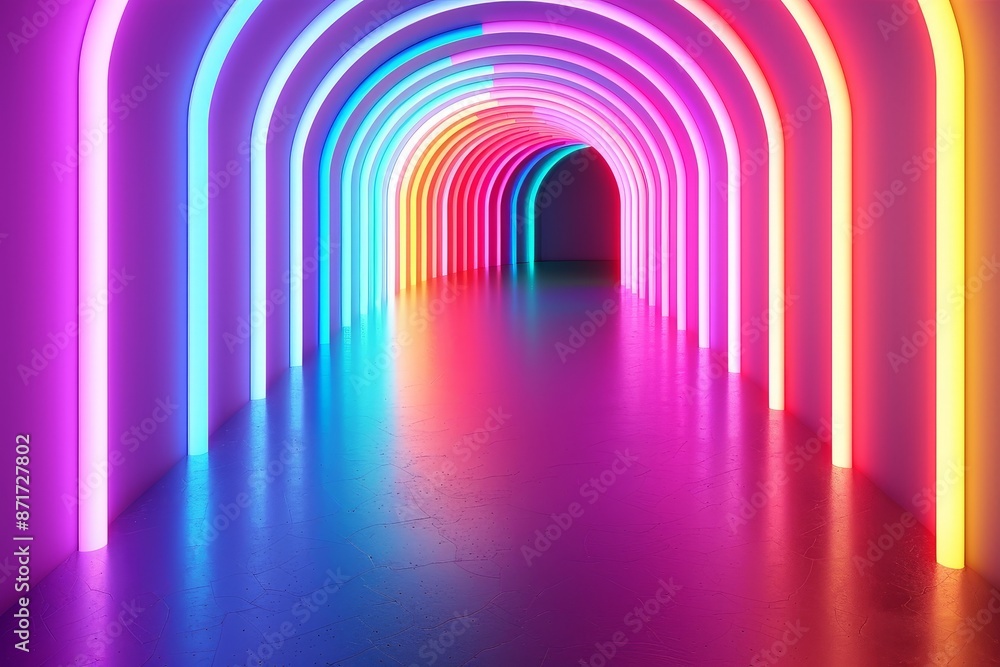 Poster abstract neon rainbow tunnel illuminated pathway 3d rendering.