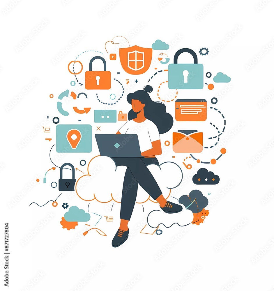 Poster flat vector illustration of a woman sitting on a cloud with security icons in the style of software 