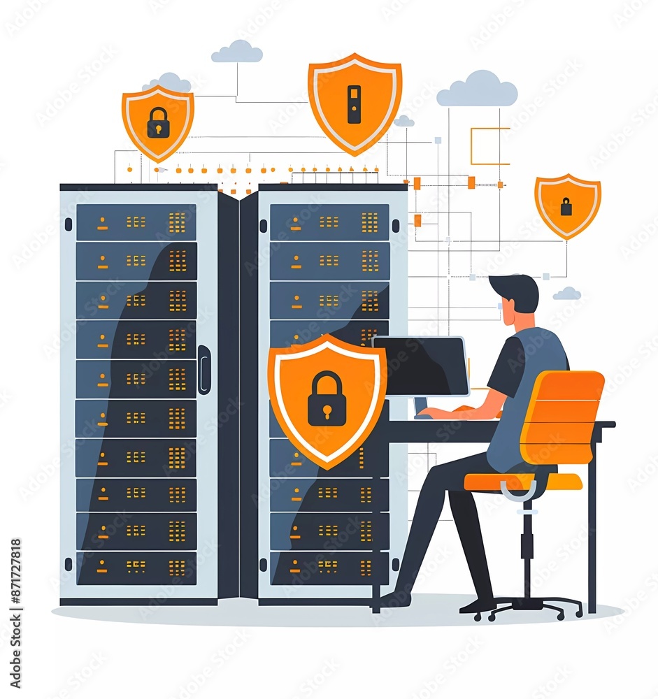 Poster flat illustration of a man sitting at a table with a shield and a laptop, clouds in the background, 