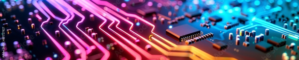 Poster abstract circuit board with glowing neon lines and microchip - technology concept.