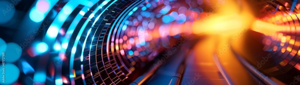 Poster abstract neon lights tunnel bokeh background - colorful futuristic tunnel with glowing lights.