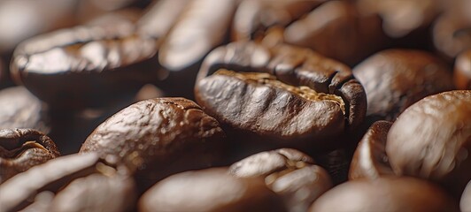 Naklejka premium Close-up of coffee seeds. Aromatic roasted coffee beans, hot aromatic coffee and organic freshness, industrially roasted coffee. 