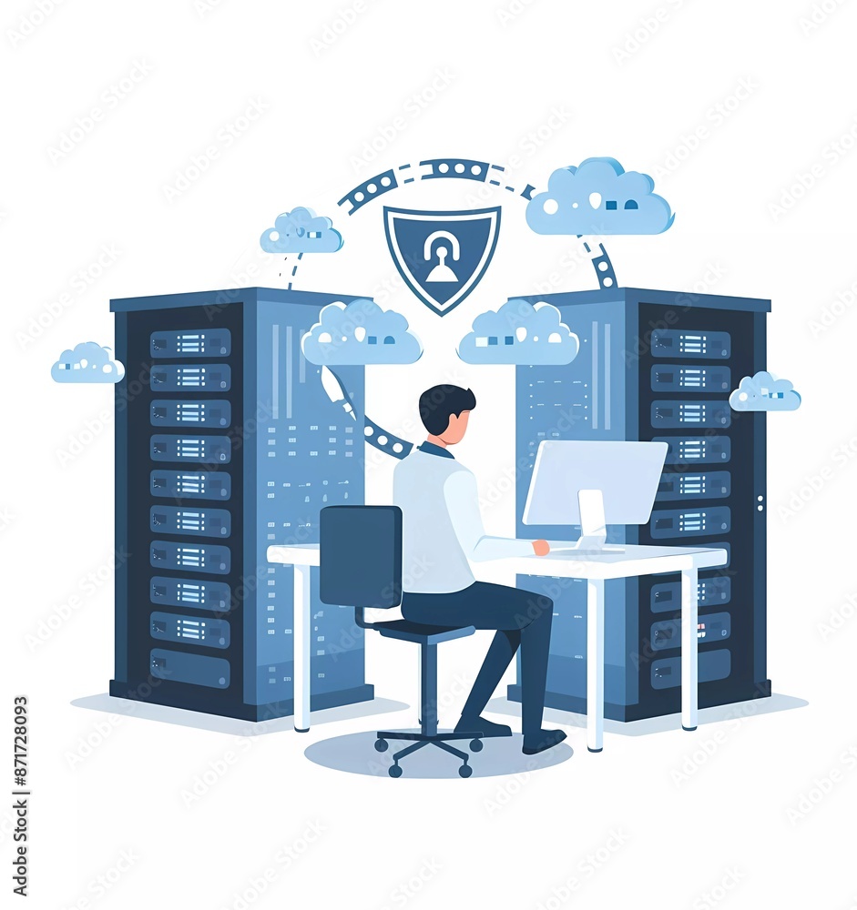 Poster flat illustration of a man sitting at a table with a shield and a laptop, clouds in the background, 