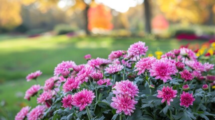 Obraz premium Pink chrysanthemums in bloom in the park