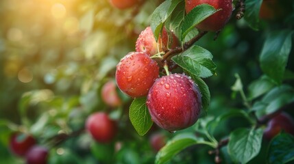 Obraz premium Fresh organic plums growing on a tree branch in a orchard