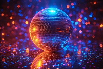 Obraz premium Disco ball with a blue and orange background surrounded by a lot of sparkles and reflections