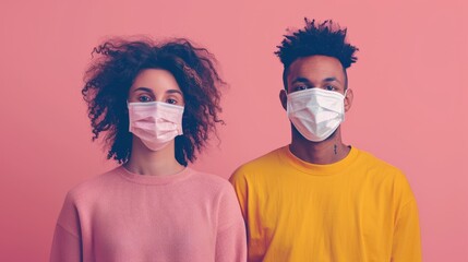 Fototapeta premium Couple wearing masks against pink background