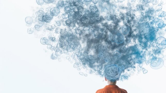 Overthinking A person surrounded by chaotic thought bubbles, white background
