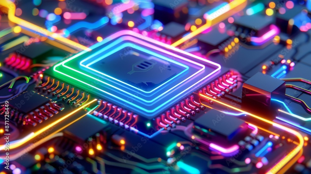 Poster abstract neon glow circuit board - technology background image.