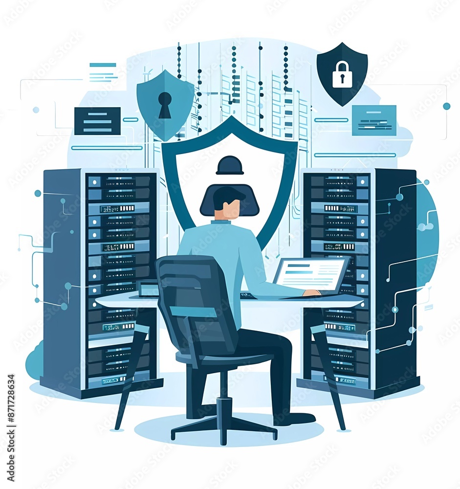 Poster flat illustration of a man sitting at a table with a shield and a laptop, clouds in the background, 