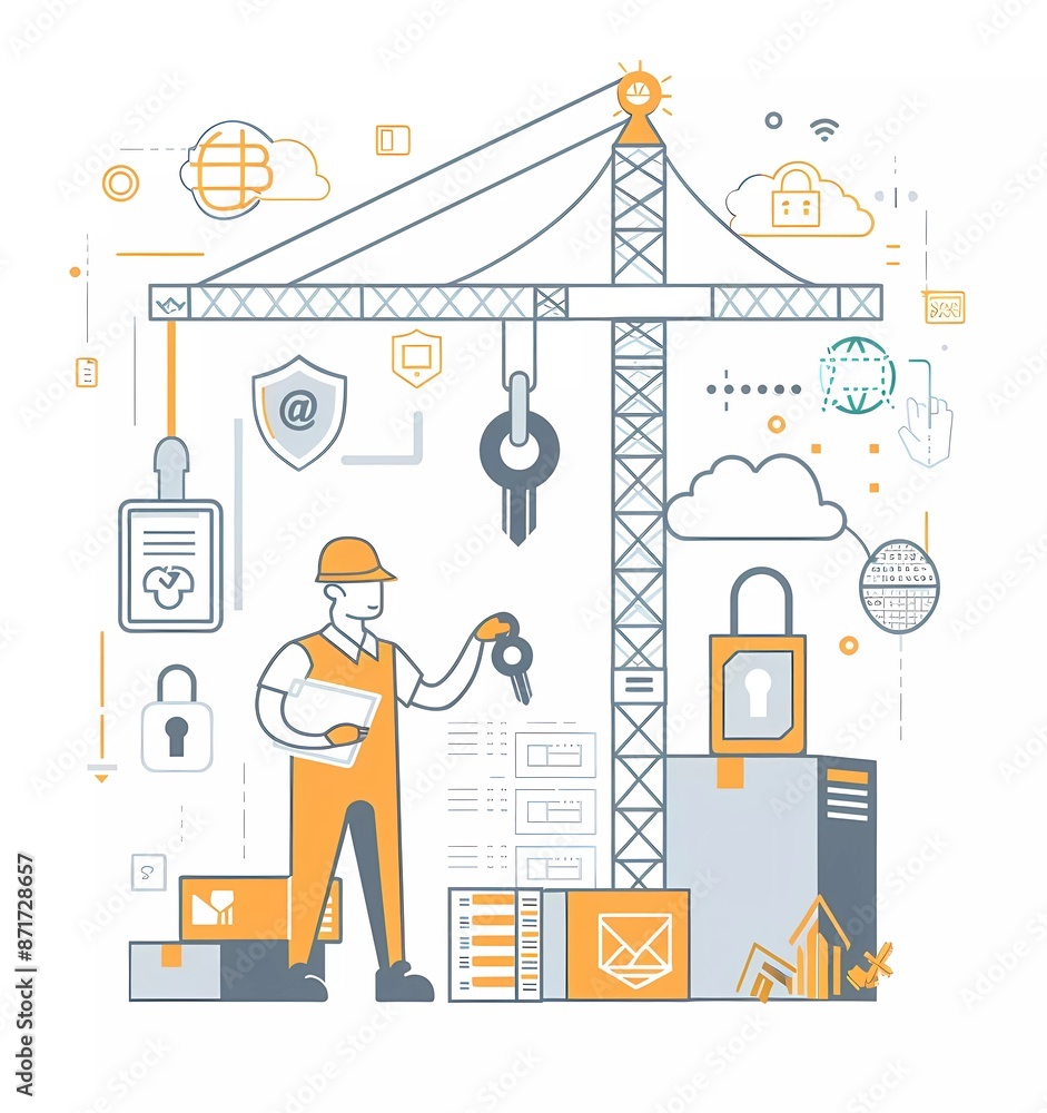 Poster flat illustration of software security, a man holds a big key in front on the right side up with a b