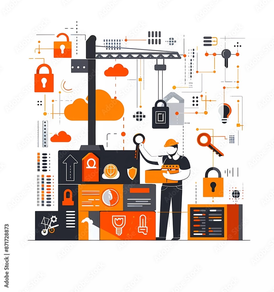 Poster flat illustration of software security, a man holds a big key in front on the right side up with a b