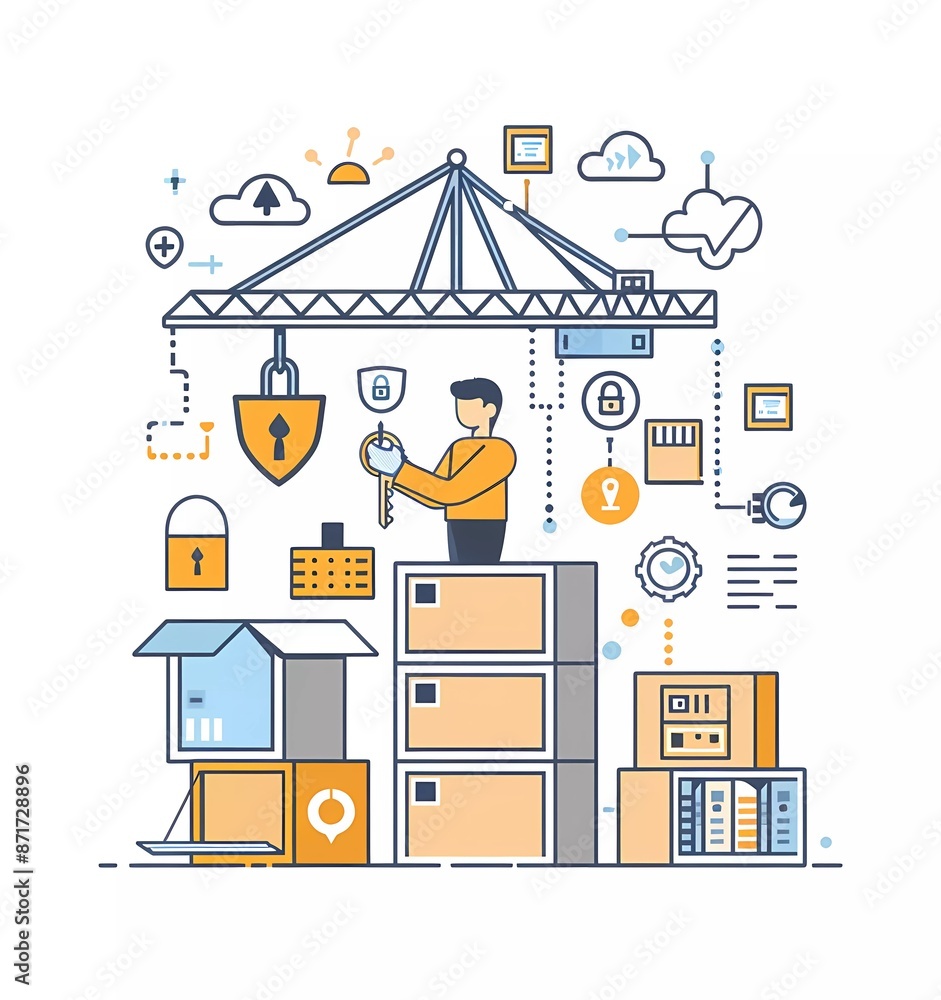 Poster flat illustration of software security, a man holds a big key in front on the right side up with a b