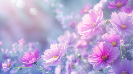 Pastel flower background. Colorful pastel Purple pink and white. Backdrop with space for text. Eye-catching background for social media and printing design. 