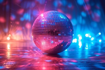 Obraz premium Shiny, silver disco ball sits on floor surrounded by a colorful, glowing light that creates a fun, festive atmosphere