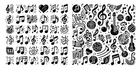 Hand-Drawn Music Note Icons: Vector Set with Treble Clef.  Music notes hand drawn black signs vector set. Isolated hand-drawn music note icons on white background. Music note symbols . Vector 