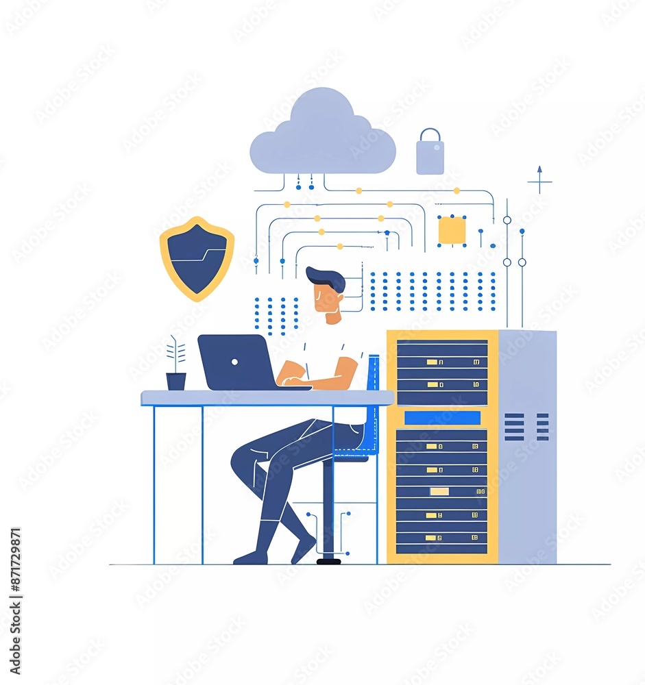 Poster flat illustration of a man sitting at a table with a shield and a laptop, clouds in the background, 