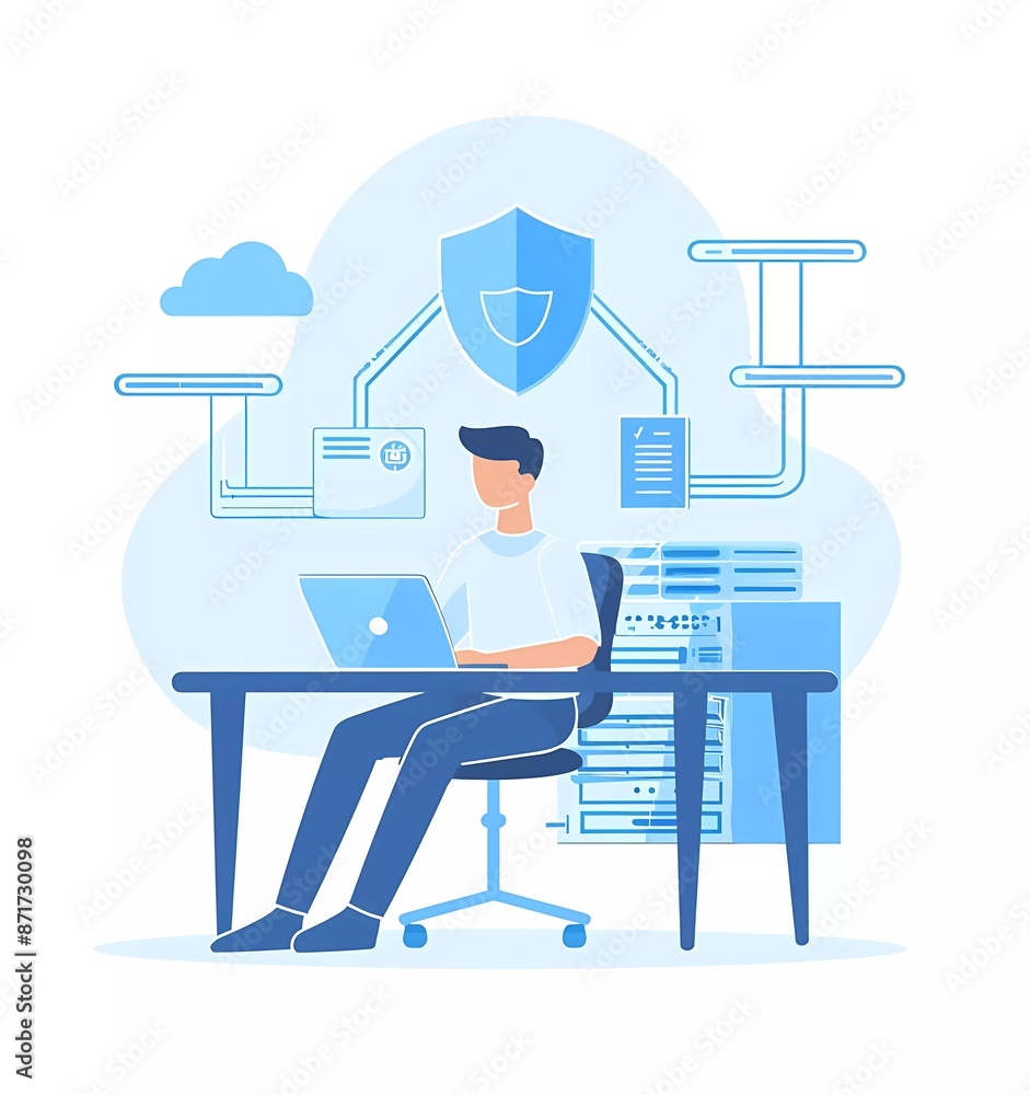 Poster flat illustration of a man sitting at a table with a shield and a laptop, clouds in the background, 