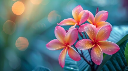 Fototapeta premium Pink frangipani flowers with dew drops