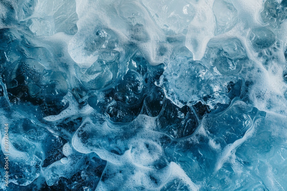 Poster textured cold frosty ice block surface on dark background.