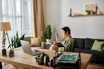 A woman sits on a couch in a home office, working on a laptop and taking notes.