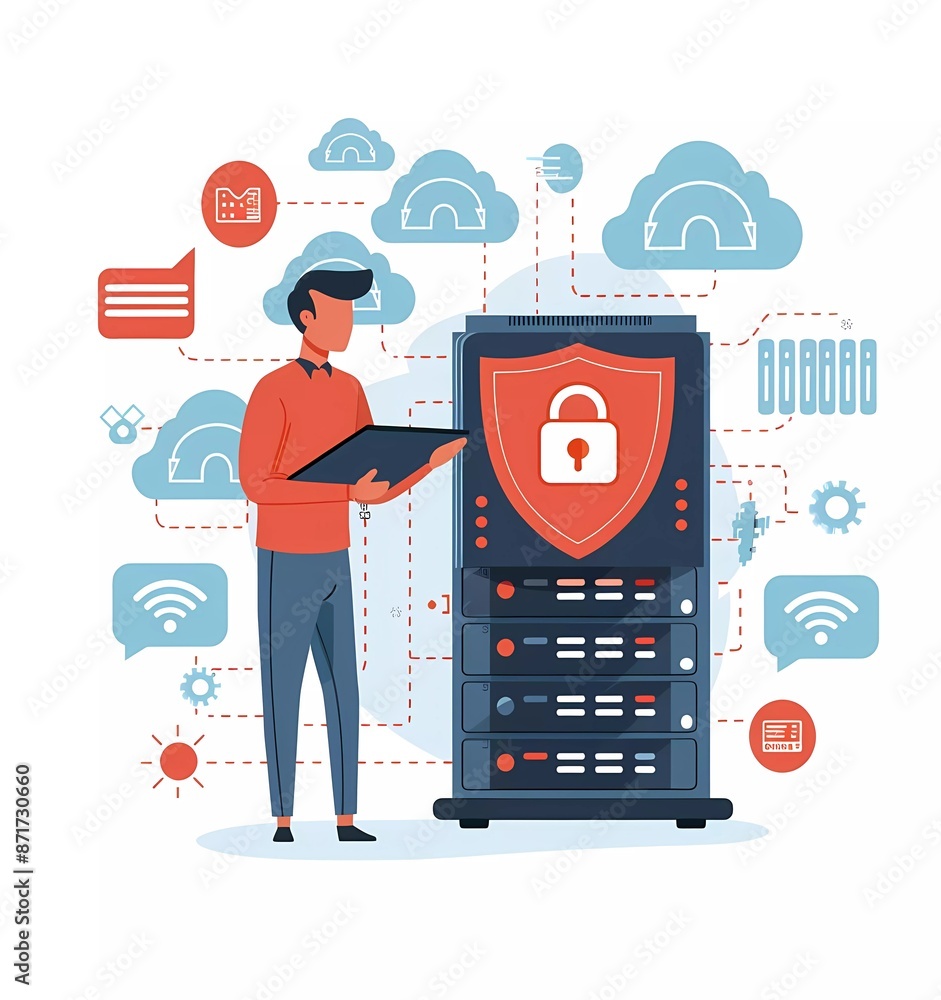 Poster flat illustration of data protection with shield and padlock, a man holding a tablet in front of a c