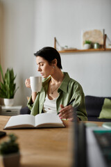 A woman takes a break from her work at home, enjoying a cup of coffee.