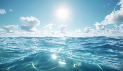 Obraz premium Tranquil Ocean Waves Under a Bright Sunlit Sky with Fluffy Clouds