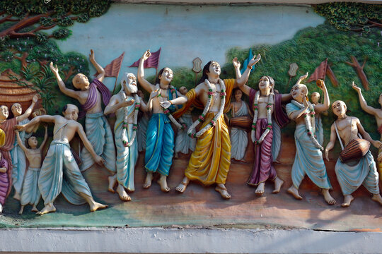 Bas-relief on a Hindu temple depicting Chaitanya Mahaprabhu dancing. The Harinama movement of Bengali Vaishnavas.