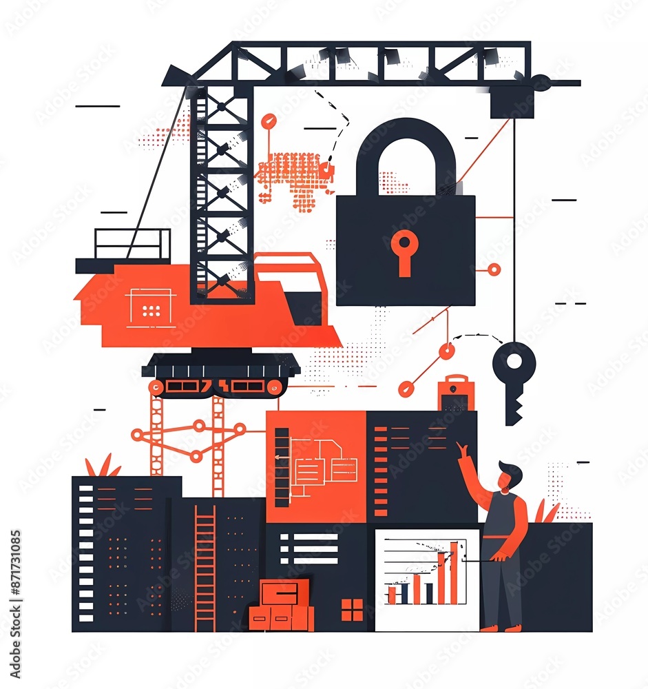 Poster flat illustration of software security, a man holds a big key in front on the right side up with a b
