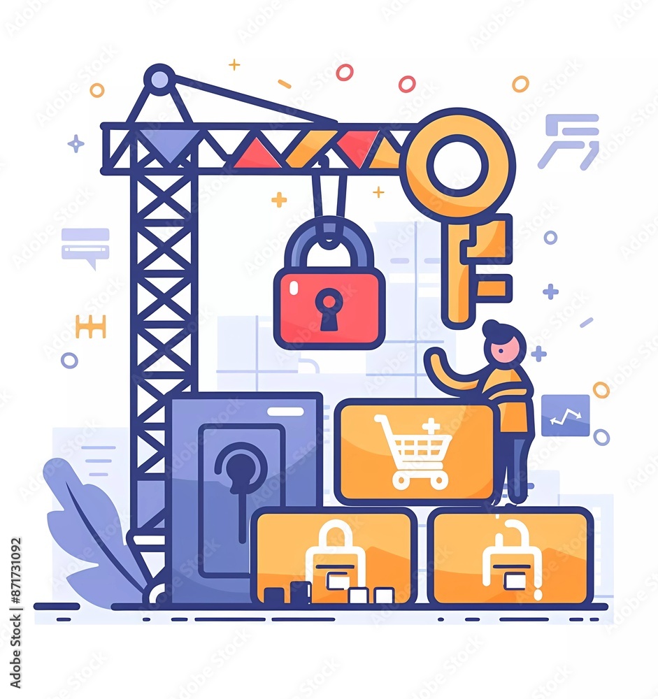Poster flat illustration of software security, a man holds a big key in front on the right side up with a b