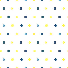 Bright turquoise, blue and yellow dots. Watercolor illustration hand drawn in a children's simple style. Seamless pattern on a white background.
