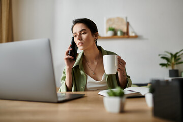 A woman sits at her home office desk, talking on her phone and holding a cup of coffee.