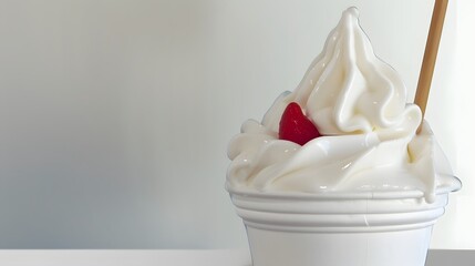 Delicious swirl of vanilla soft serve topped with a juicy red cherry in a white cup.