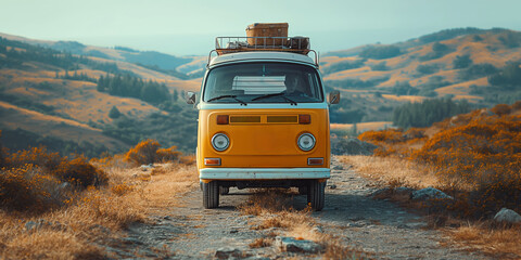 A vintage van embarks on a summer journey, blending retro style with adventure under a sunset sky.
