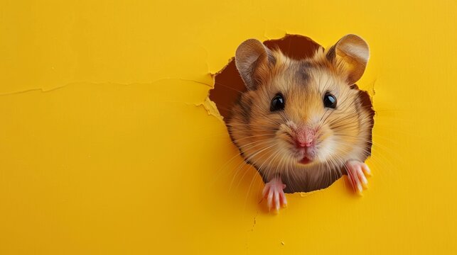 Cute hamster peeking through a hole in a bright yellow background. Adorable pet animal image perfect for posters, cards and educational materials. 