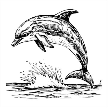 recommend clip art: Sketch of a dolphin jumping out of the water, side view, on a white background