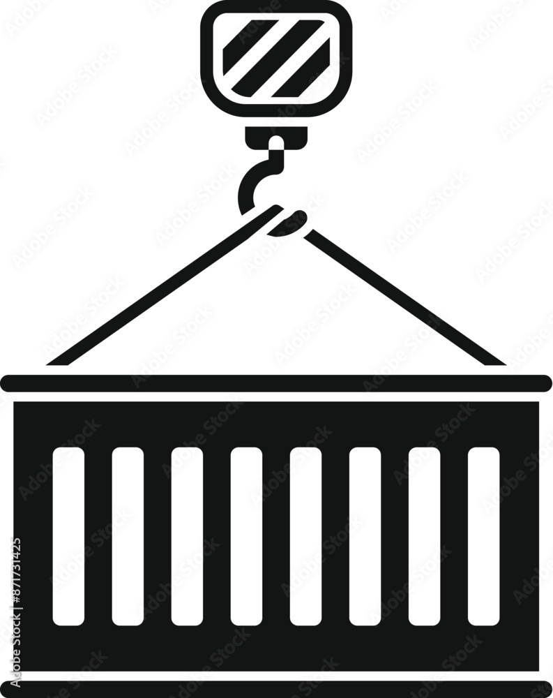 Poster simple icon representing a container being lifted by a crane hook, useful for depicting shipping and