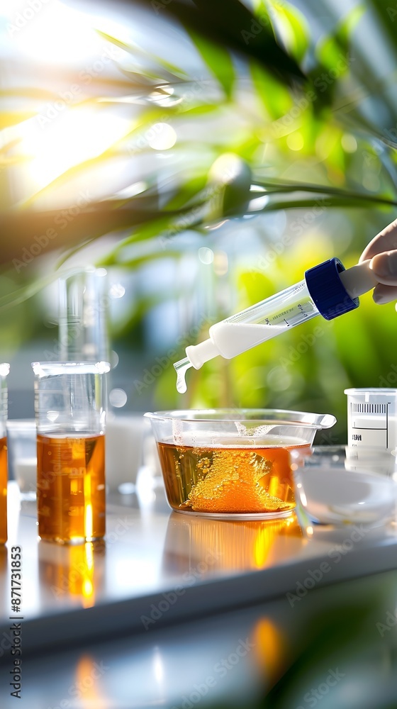 Poster illustrating the extraction and fusion of polyphenols into conditioner in a laboratory setting
