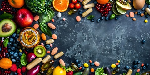 Promoting Health with Vitamin Pills and Fresh Fruits and Vegetables. Concept Vitamins, Supplements, Healthy Eating, Nutrition, Wellness