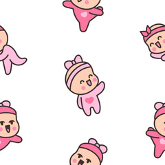 Cute baby girl. Seamless pattern. Cartoon little newborn character. Hand style. Vector drawing. Design ornaments.