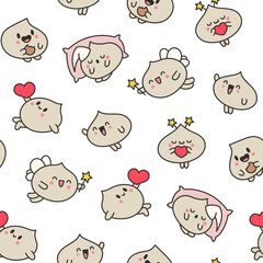 Cute dumplings characters with different facial expressions. Seamless pattern. Chinese food. Hand drawn style. Vector drawing. Design ornaments.