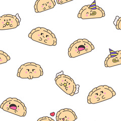 Cute kawaii dumpling. Seamless pattern. Cartoon Chinese food characters. Hand drawn style. Vector drawing. Design ornaments.