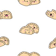 Cute kawaii dumpling. Seamless pattern. Cartoon Chinese food characters. Hand drawn style. Vector drawing. Design ornaments.