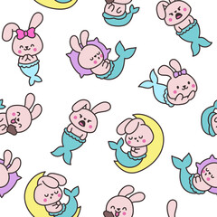 Cute kawaii bunny mermaid. Seamless pattern. Cartoon little rabbit. Fantasy animal characters. Hand drawn style. Vector drawing. Design ornaments.