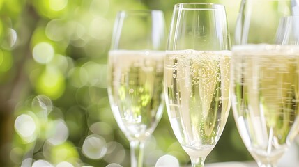 Close-up of champagne glasses with bubbles against a vibrant blurred green background