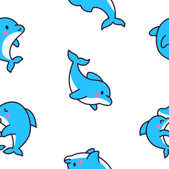 Cute kawaii dolphin in different poses. Seamless pattern. Funny cartoon marine character. Hand drawn style. Vector drawing. Design ornaments.