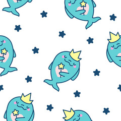 Funny dolphin characters. Seamless pattern. Cute cartoon kawaii sea animal. Hand drawn style. Vector drawing. Design ornaments.
